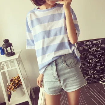 

200Pcs DHL Free New Summer New Women T-shirt Short-sleeved Loose Striped Tee Tops Female Cotton blend plus size Tops tee shirt