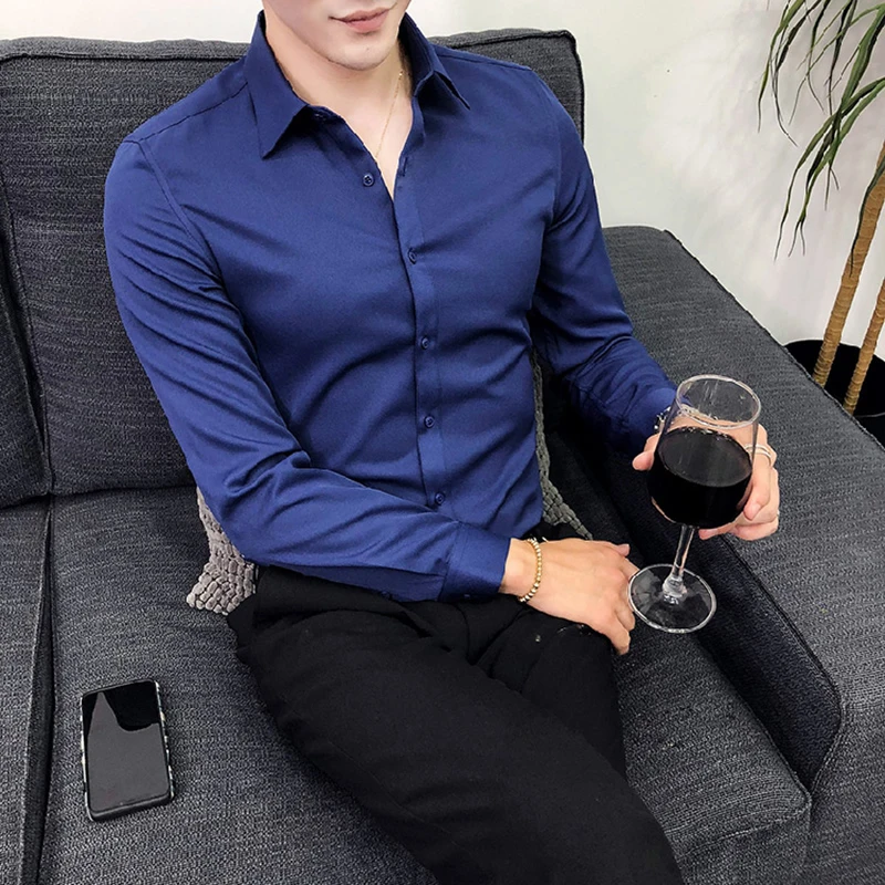 

2019 New Mens Fashion Boutique Stretch Solid Color Official Business Long-sleeved Shirt Male Slim Casual Long Sleeved Pure Shirt