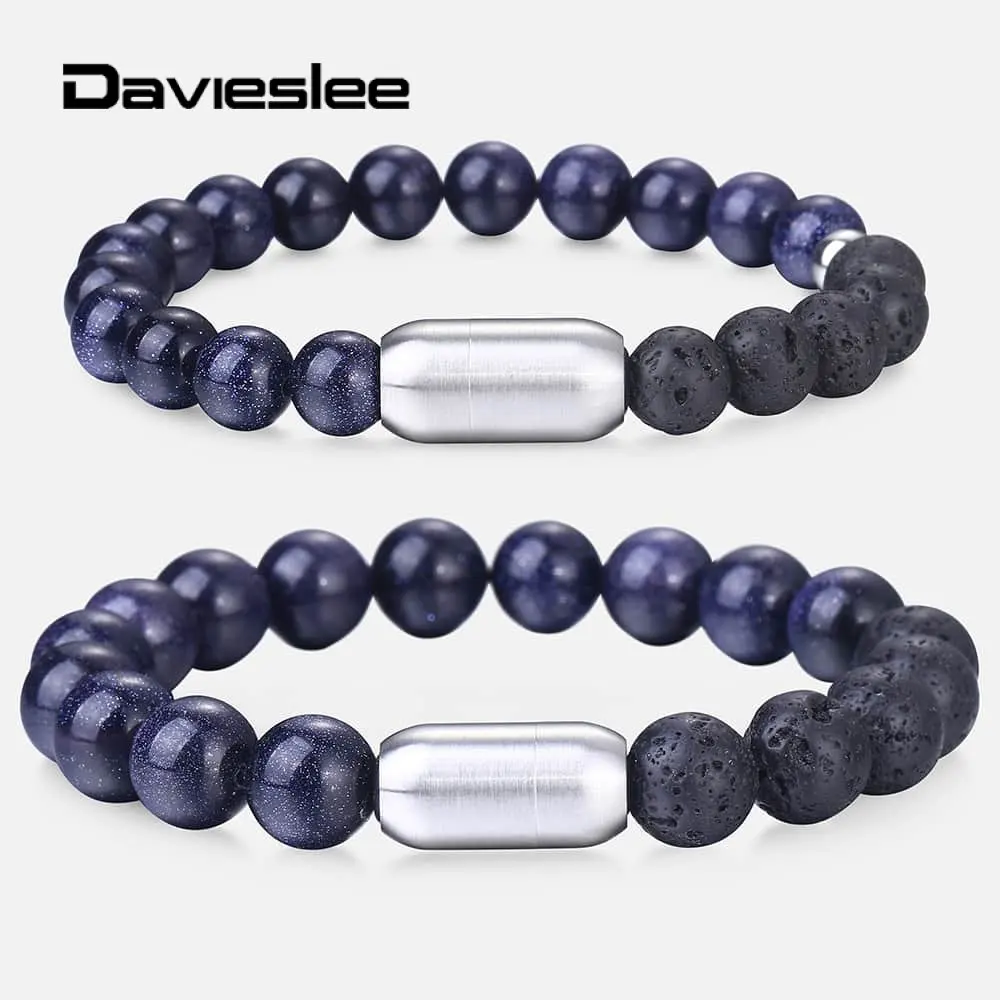 

Natural Blue Sandstone Bracelet for Men Women Black Volcanic Rocks Beaded Stainless Steel Magnetic Clasp Couple Bracelets DDBM53