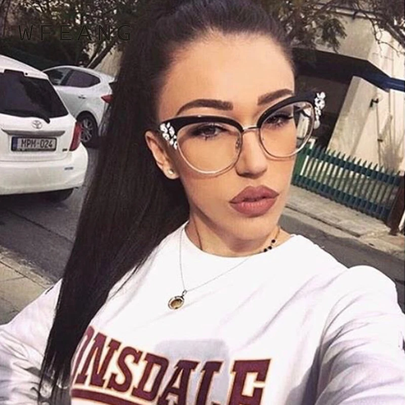 

WFEANG Crystal Cat Eye Clear Glasses Women Transparent Eyewear Brand Designer Vintage Clear Eyeglasses Optical Frame oculos
