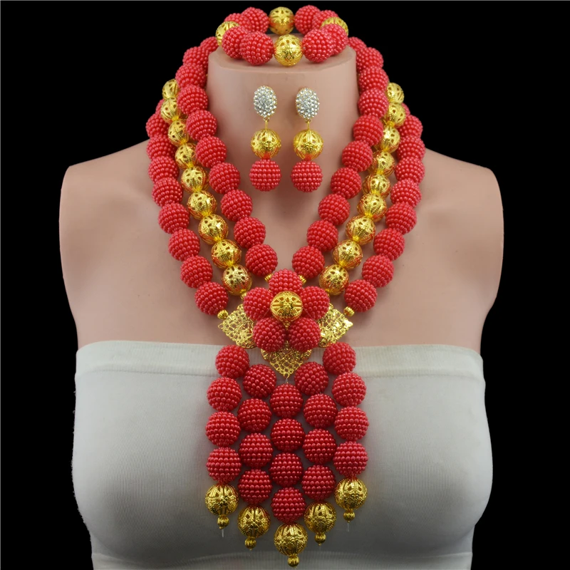 

Fashion Nigerian Coral Bead Jewelry Set for women Real Natural Crystal Bead African Wedding Jewelry Set Bridal Gift Jewelry