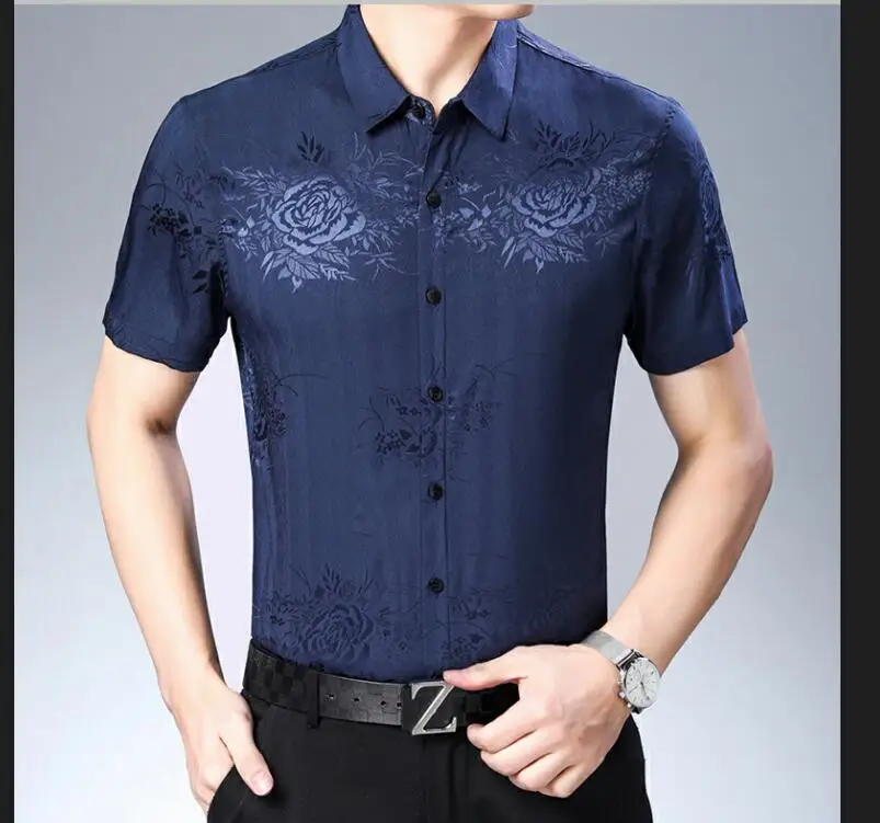 Новое поступление мужская шелковая рубашка с коротким рукавом цветочные рубашки элегантная мужская повседневная Цветочная мягкая шелковая одежда