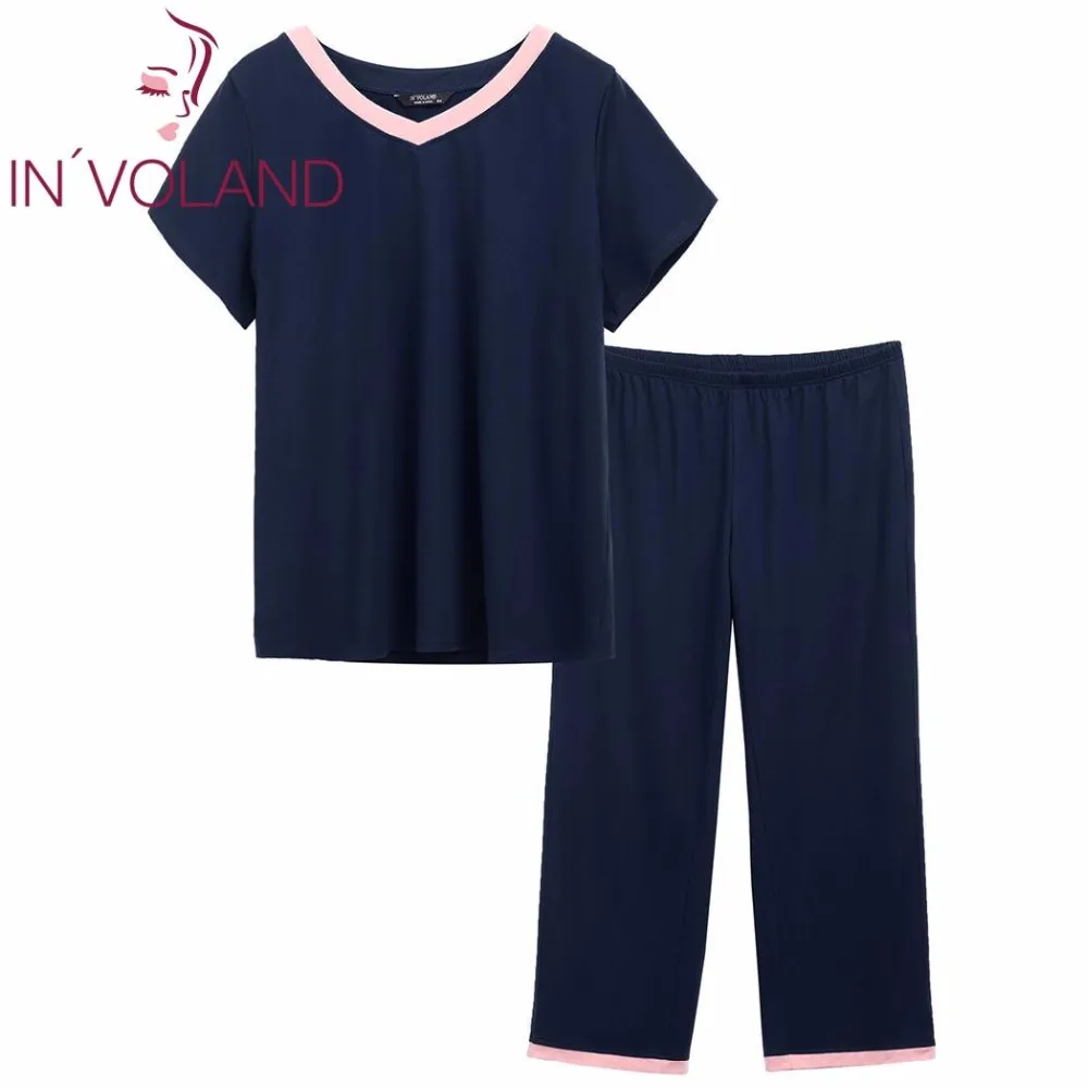 IN'VOLAND размера плюс пижамы с v-образным вырезом женские пижамы свободные летние пижамы пэчворк короткий рукав ночная одежда набор больше размера s