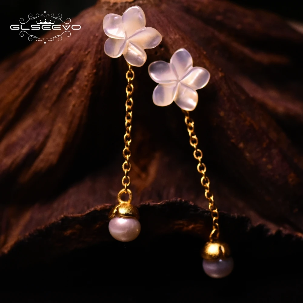

GLSEEVO Real Pure 925 Sterling Silver Long Drop Earring For Women Link Chain White Pearl Dangle Earrings Handmade Jewelry GE0011