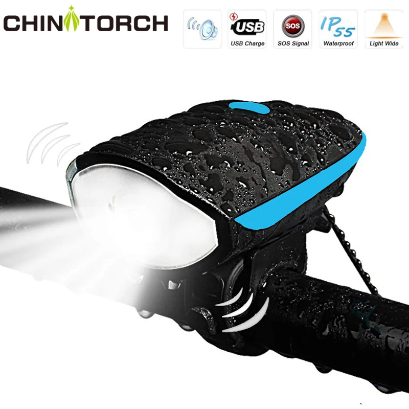 

USB Charging Bicycle Light Waterproof Bike Front Flashlight LED Cycling Light With 120db Horn Bell 3 Modes Handlebar Flashlight