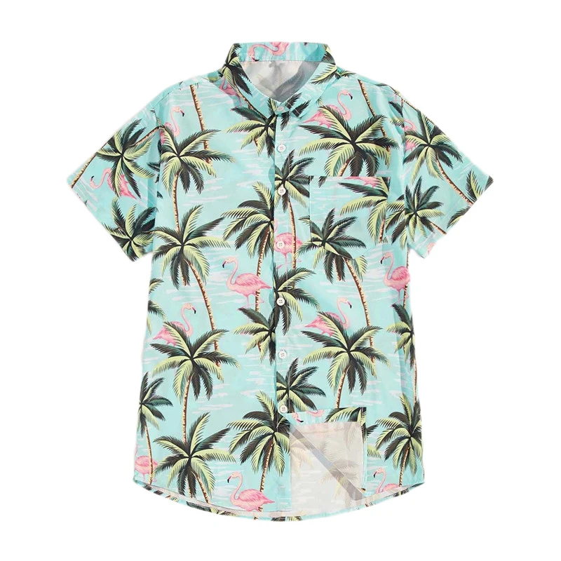 ROMWE мужские тропический Фламинго печати одной кнопки мужские повседневные рубашки бирюзовый с коротким рукавом пляжный отдых летние рубашки