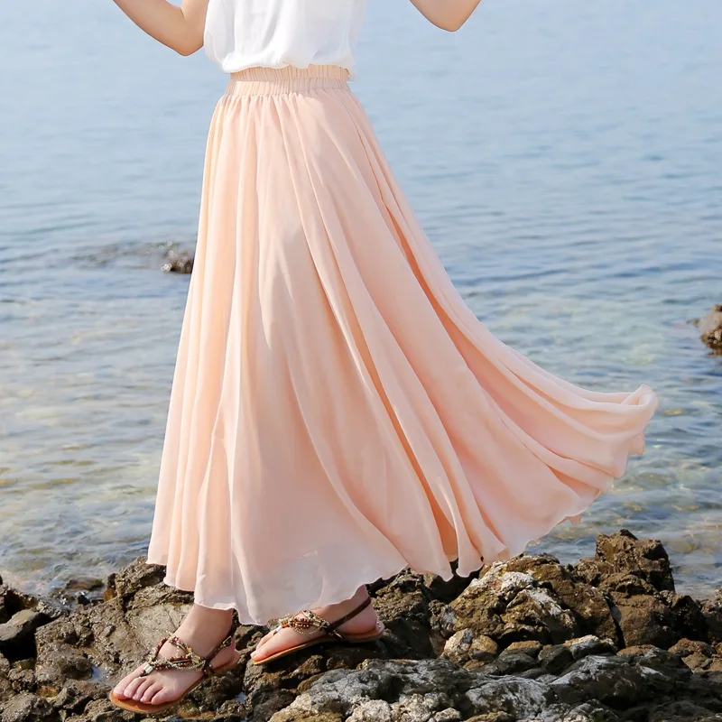 

3 Layers Chiffon Maxi Skirt Solid Color High Waist Summer Skirt A Line Ruffled Skirts Womens Vadim