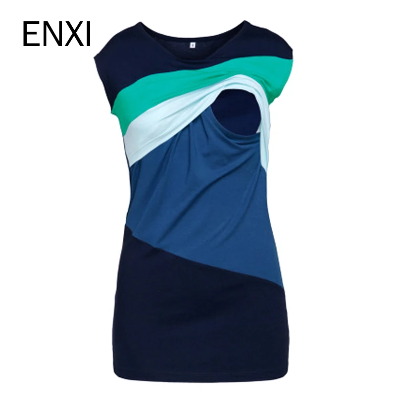 

ENXI Summer Maternity Nursing Clothes Striped Sleeveless Thin Breastfeeding T-shirt For Pregnant Women Mother Feeding Top 3XL