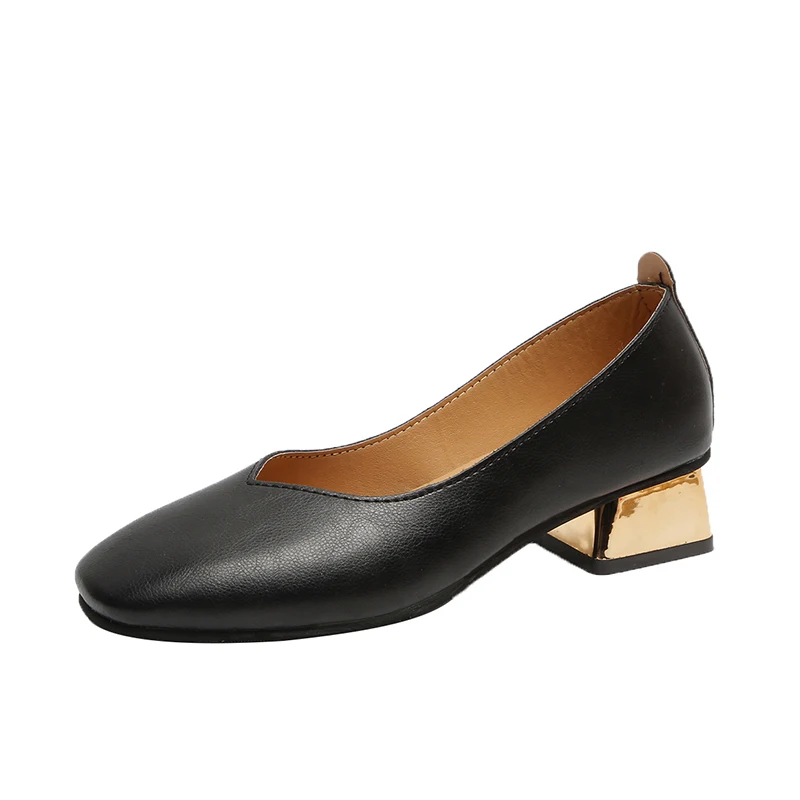 Большие размеры 35-42; женские модельные туфли; женские туфли на среднем каблуке; туфли-лодочки с квадратным носком; водонепроницаемые мокасины на золотистом каблуке; женская обувь; zapatos mujer; N7175 - Цвет: Черный