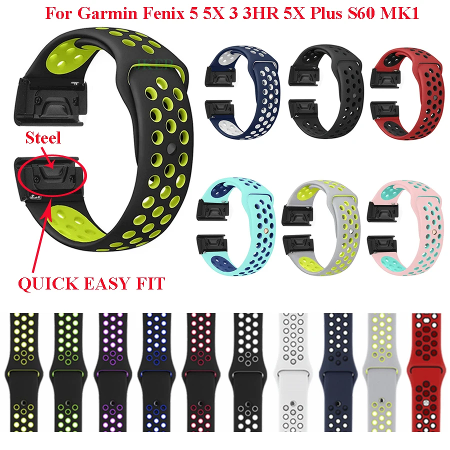 

22 26mm Silicone Watch Band Easy Quick Fit Strap for Garmin Fenix 3 3HR/Fenix 5X/Fenix 5X Plus/S60/D2/MK1/Fenix 5/Fenix 5 Plus