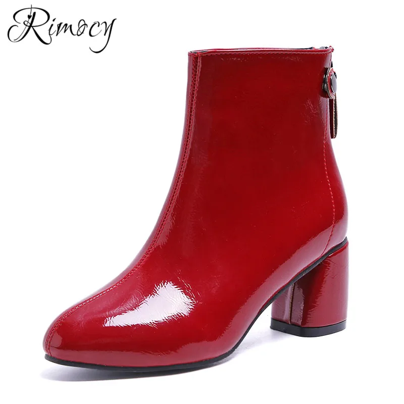 

Rimocy ankle boots for women 2019 spring waterproof shoes woman plush liner warm botines mujer round toe solid black red boots