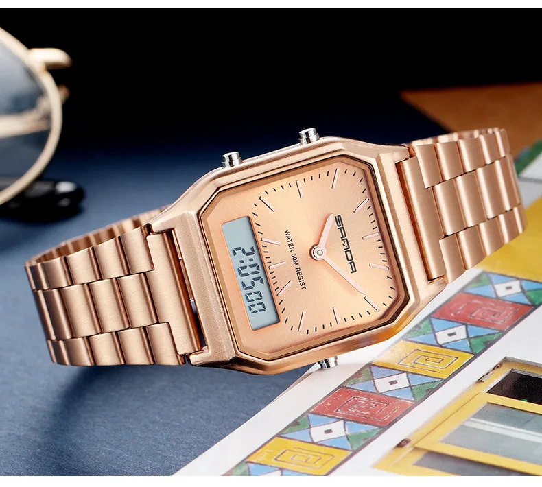 Модные водонепроницаемые женские часы с двойным дисплеем Аналоговые кварцевые наручные часы из розового золота спортивный светодиодный цифровой часы relogios feminino