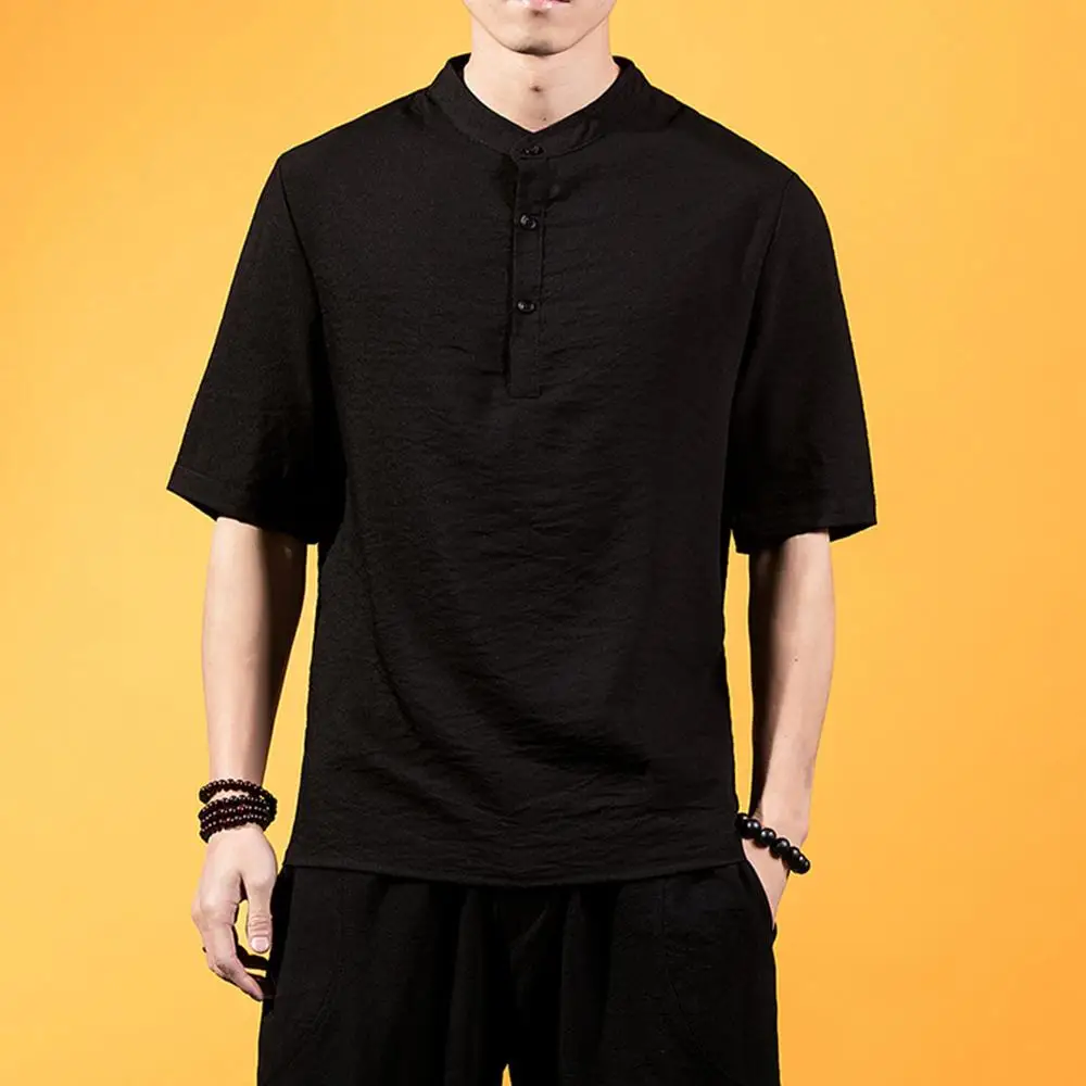 

MRDONOO Chinese Trditional Mandarin Collar Short Sleeves T shirts Men Black White T-Shirts Solid Round Neck Top Tee Plus Size