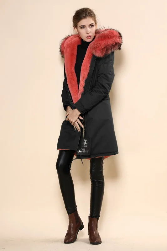 Hooded raccoon fur collar hand made coat fur jacket mr and mrs fur coat parka black winter coat