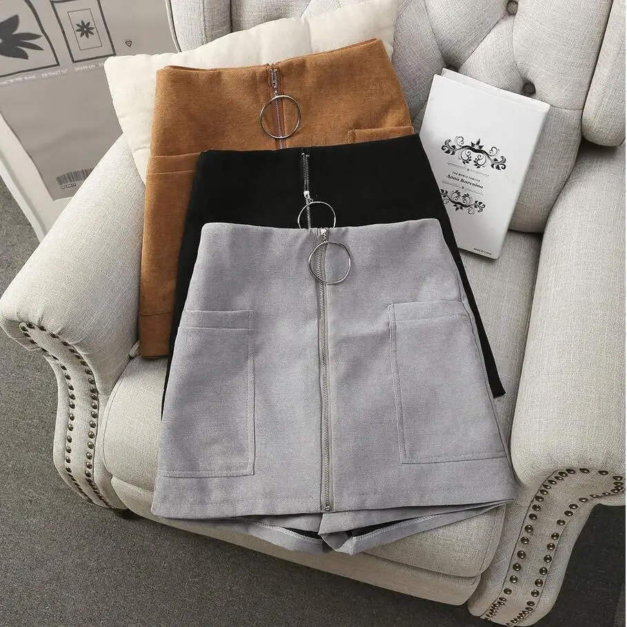 2017 Women Shorts Wide Leg Womens Cotton Blends Shorts High Waist Front Zipper Shorts with Pockets Sexy Mini Shorts Skirt