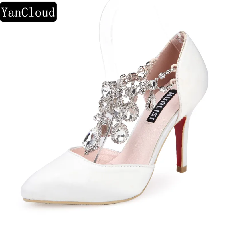 

Crystal Pointed Toe Stilettos Wedding Shoes Woman Summer 2019 Gladiator Sandals Women High Heels Rhinestone White Sandals