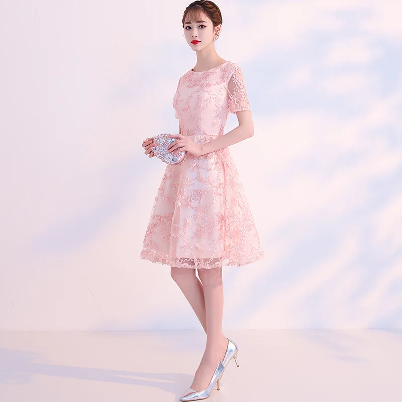 Champagne Elegant Evening Dress Pink Lace Appliques Evening Dresses Short Student Birthday Evening dress for Women ES2582 - Цвет: Pink-Short