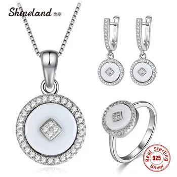 

Shineland 925 Sterling Silver Jewelry Sets Round White Black Ceramic Drop Earrings Necklace Ring For Women Colar Wedding Gift