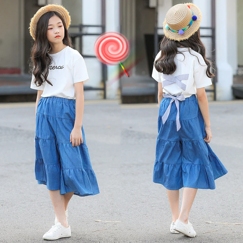 

2019 Summer Clothes Set For Girls Kids Tracksuits White Shirt + Wide Leg Pant Boutique Teenagers Clothing Big Girls 10 12 14 15