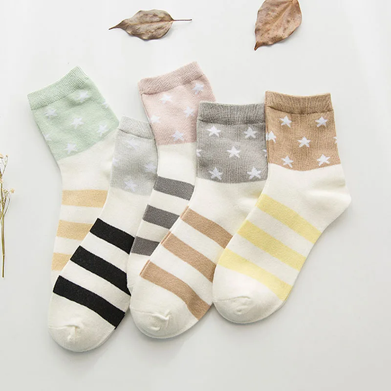 

Candy Color Women Socks Striped Star Pattern College Style Socks Casual Girls Cotton Short Socks