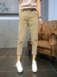 Женские вельветовые брюки длиной до щиколотки, женские повседневные брюки, узкие брюки-карандаш со средней талией, однотонные пояса