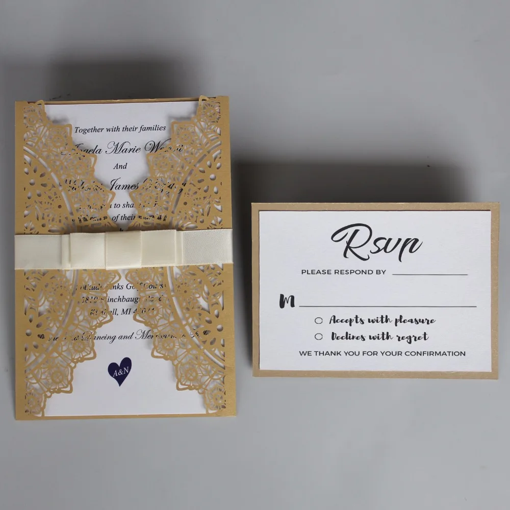 us 125 0 gold laser cut wedding invitations with ribbon bow printable invitation cards luxury wedding invite set of 50 pcs in cards invitations invite cards printable