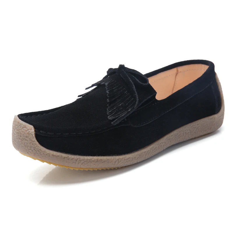 WeiDeng/Женская обувь из натуральной кожи; Меховая стелька; замшевые лоферы на плоской подошве; слипоны; Повседневная обувь за рубежом; распродажа - Цвет: Черный