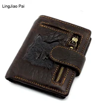 LingJiao Pai Wolf Design Genuine Leather Men Wallet Small Zipper Men Walet Portomonee Male Short Coin Purse Brand Perse Carteira