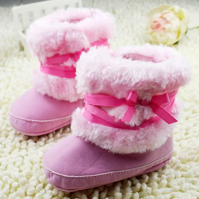 Детские сапожки с бантиком для малышей; флисовые сапоги для малышей; пушистая детская зимняя обувь - Цвет: Розовый