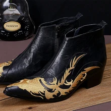 Mode Drachen Stickerei Spitz Stiefeletten Männer Mid Ferse Echtem Leder Kurze Stiefel Party Reißverschluss Stiefel Plus Größe Schuhe