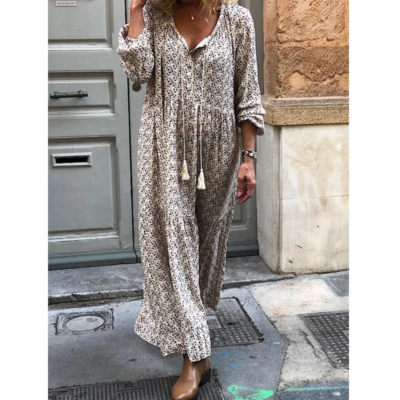 

2019 Plus Size Bohemian Printed Dress Loose Plus Size Long Sleeve Beach Dress Vintage Party Long Dresses Vestidos