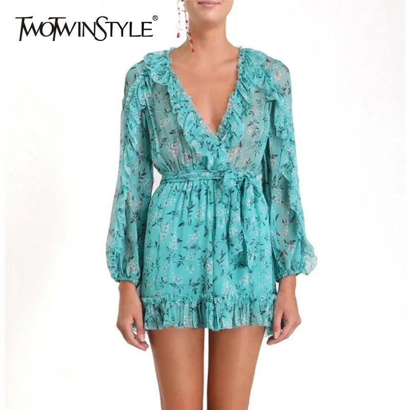 

TWOTWINSTYLE Casual Print Playsuit For Women V Neck Long Sleeve High Waist Bandage Shorts Female Fashion Clothes 2019 Summer