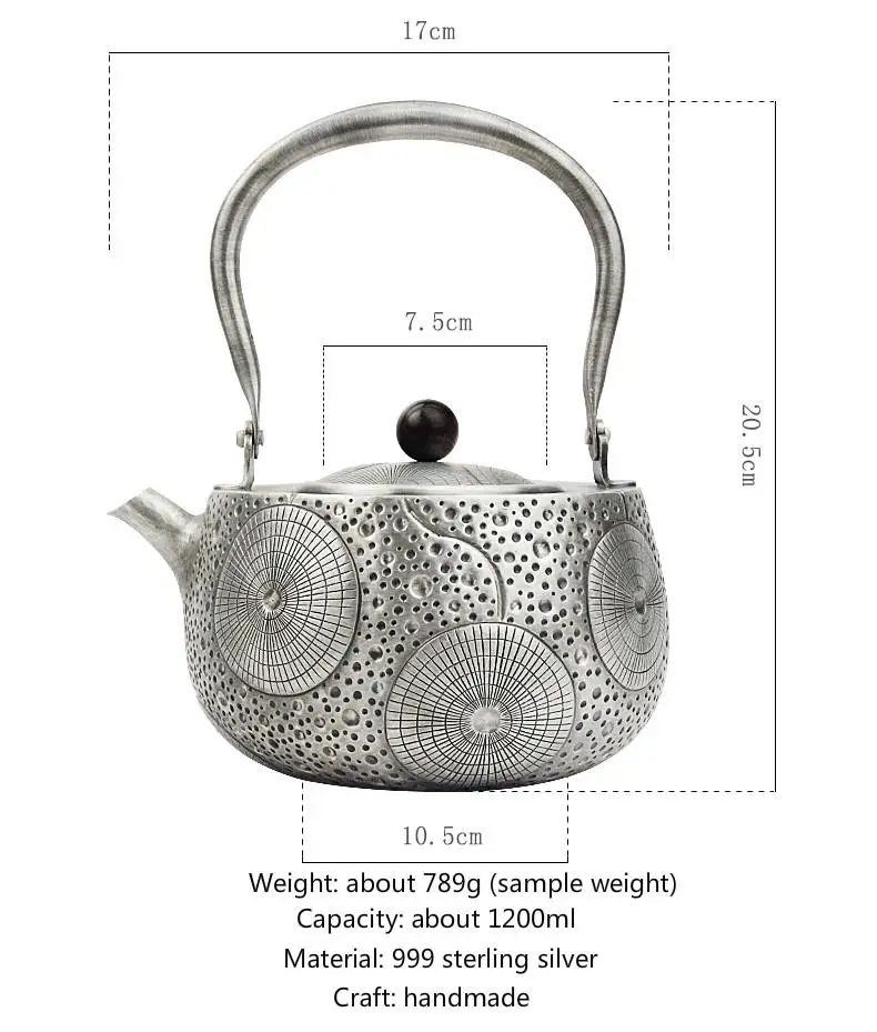Чистый серебряный чайный набор кунг-фу, ручное производство чистого серебра 999 сделать старый горящий чайник воды напоминание чайник, офис подарок коллекция - Color: Weighing about 780g