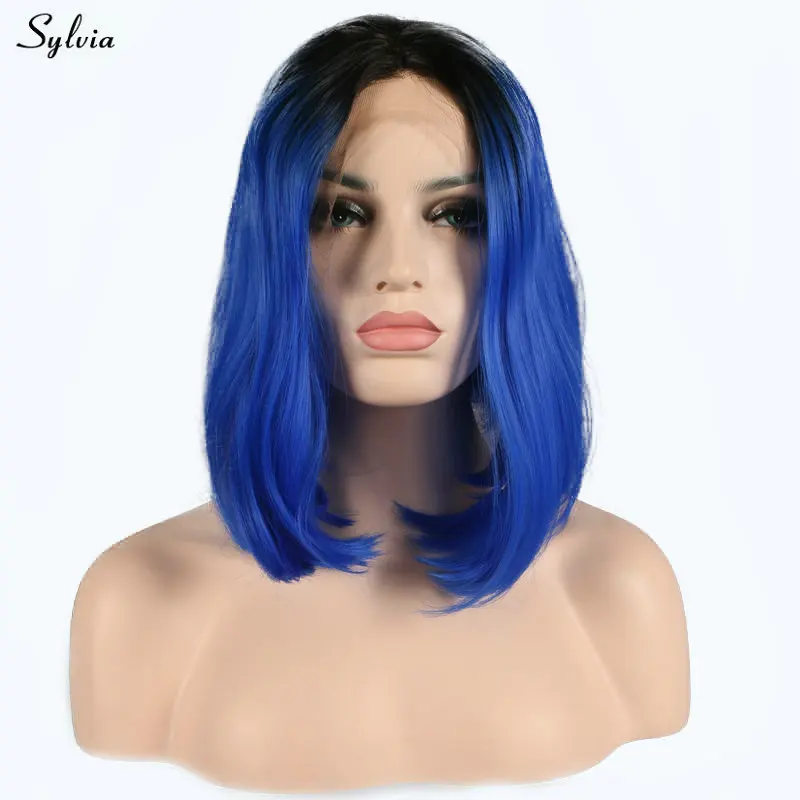 Sylvia синий парик короткий Боб Стиль Синтетические волосы темные корни Королевское голубое кружево Передние парики Высокая температура прямые Косплей Wig14"