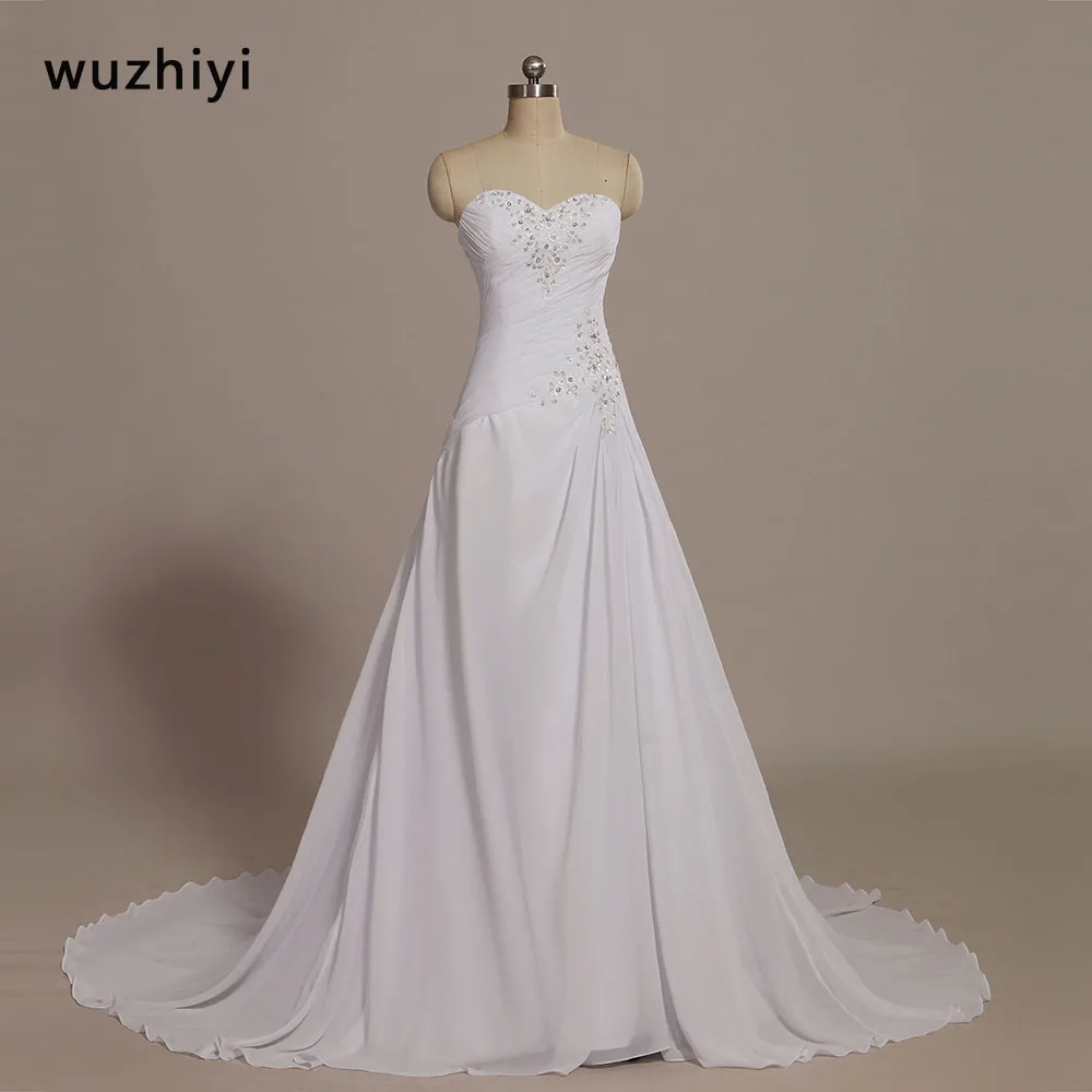 Wuzhiyi vestidos de novia Милая шифон турецкие свадебные платья 2017 складки бусины Кристалл пляж свадебное платье brautkleid