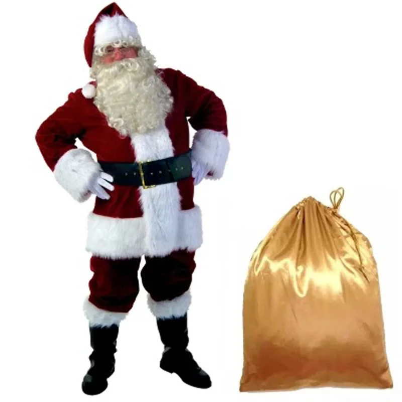 Полный комплект, Рождественский костюм, костюм Санта-Клауса для взрослых, Красная рождественская одежда, роскошный костюм Санта-Клауса+ шапка+ борода+ перчатки+ ремень