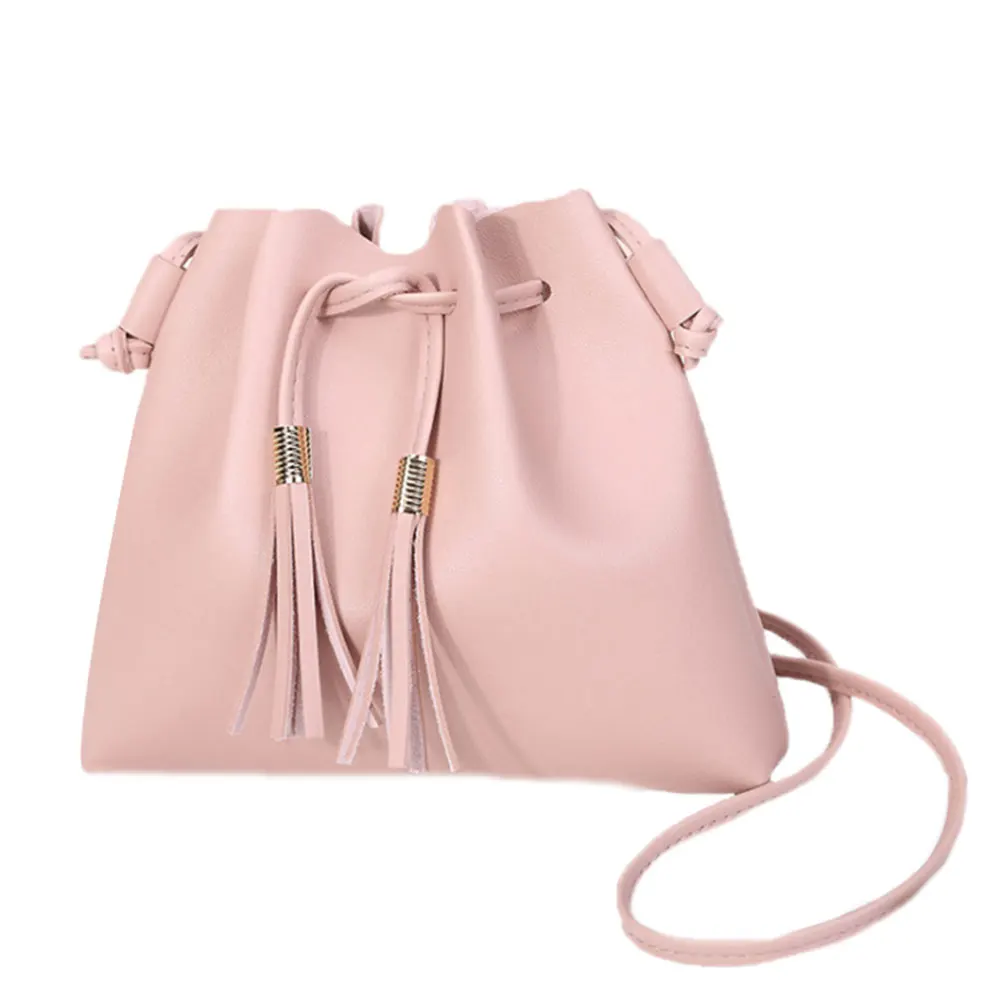 Женская сумка-мессенджер из искусственной кожи, однотонные кисточки, сумки-ведро, женские повседневные сумки через плечо, PO66 - Цвет: Розовый