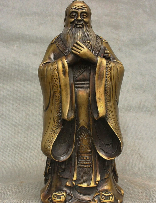

China Bronze Famous Thinker Politician Confucius Kong Zi Hold Sword Stand Statue