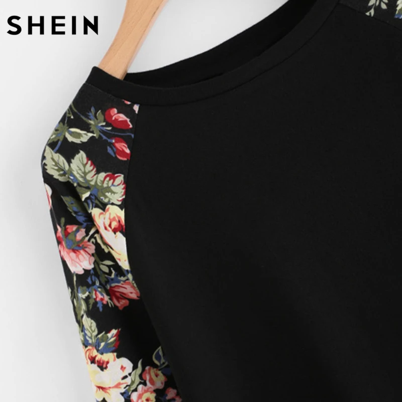 SHEIN الأزهار راجلان كم منحني تنحنح إمرأة المحملة الخريف إمرأة T قمصان عارضة السيدات أسود طويل كم T قميص