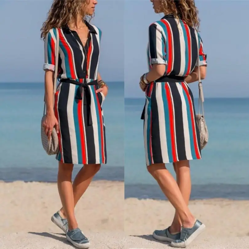 

KANCOOLD dress fashion Women's Stripe Print Empire Pockets Dress Sexy Bohemia Long Sleeve new dress women 2018AUG1