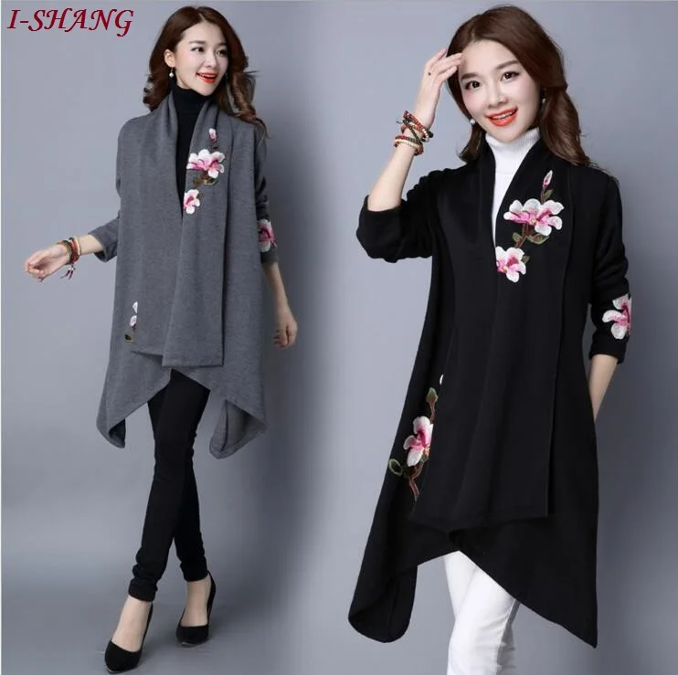 3 Colors 2016 Autumn Winter Women Long Cardigan Flower Embroidery Casual Knitted Sweater Ladies Solid Loose Coats Jackets E22 1