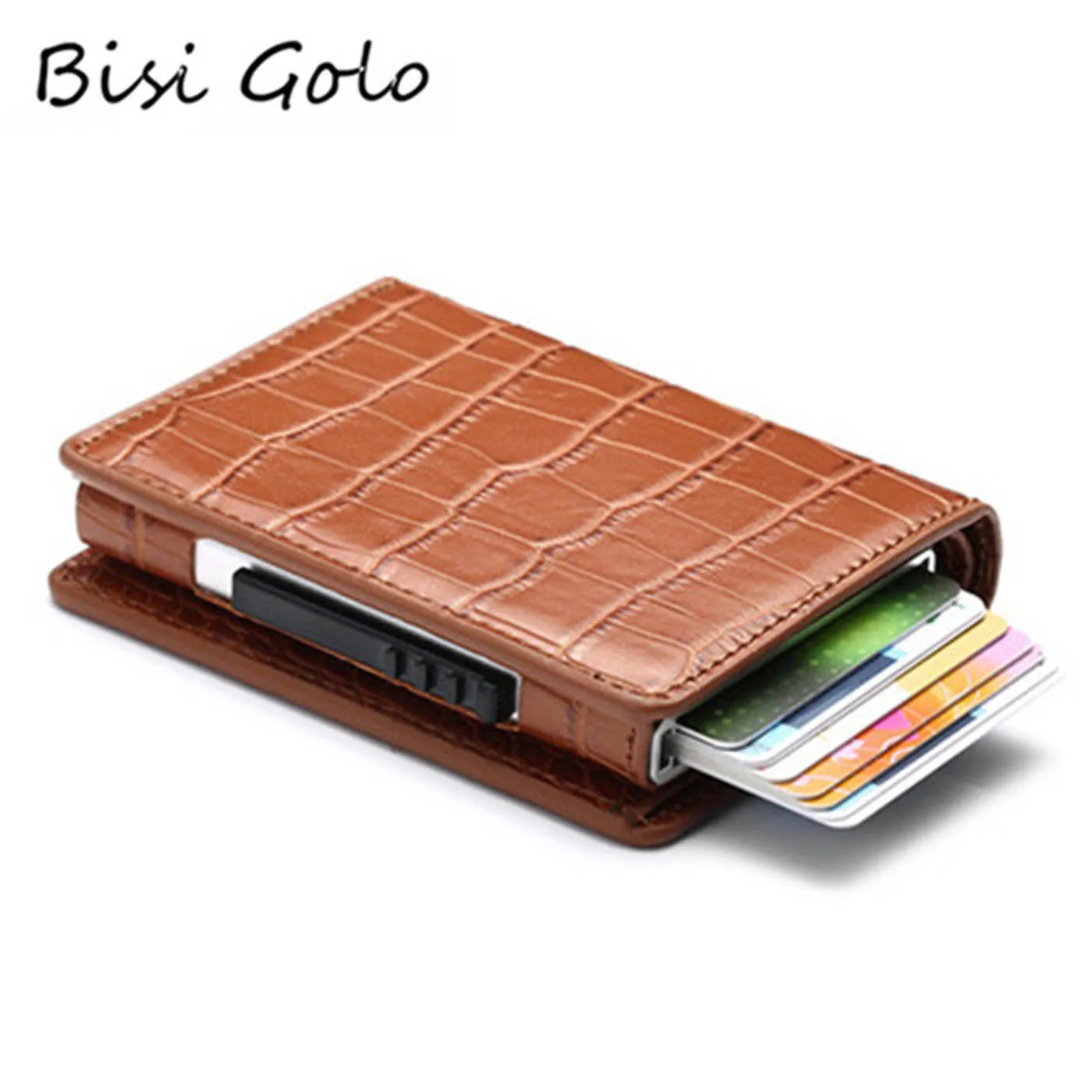 

BISI GORO Leather Credit Card Holder Aluminum Alloy RFID Blocking Card Wallet for Men and Women PU Leather Business Holder