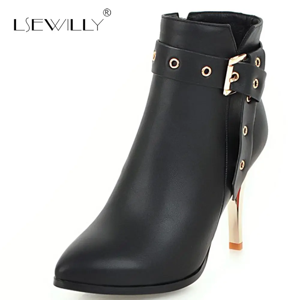 

Lsewilly Woman Pointed Toe Thin High Heel Fashion Boots Black Red Buckle Autumn winter Shoes Platform Zipper Ankle Boots S814