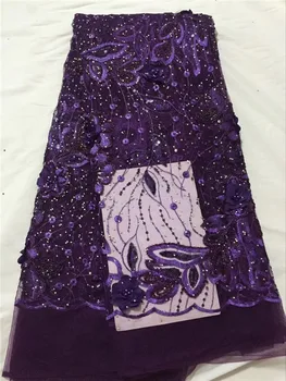

African 3D Flower Lace Fabric High Quality Lace Purple sequins Nigerian Lace Fabrics Embroidery Polyester Beaded Lace Fabric