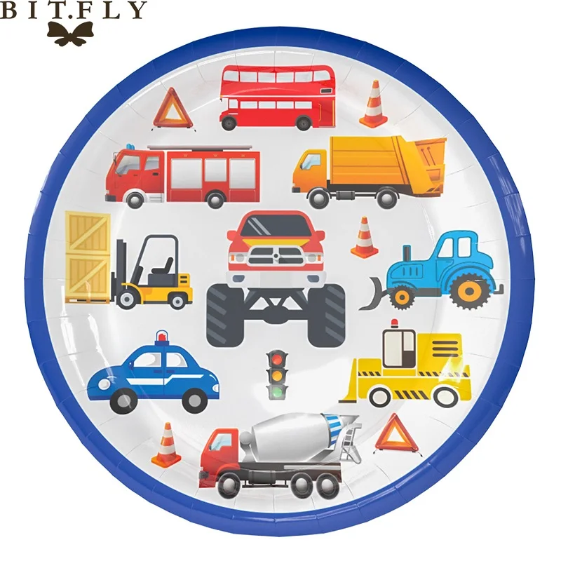 Construction Engineering Vehicle Cars Disposable Tableware Set Paper Plates Cup Banner Tablecloth For Kids Birthday Theme Party - Цвет: 6pcs 9inch