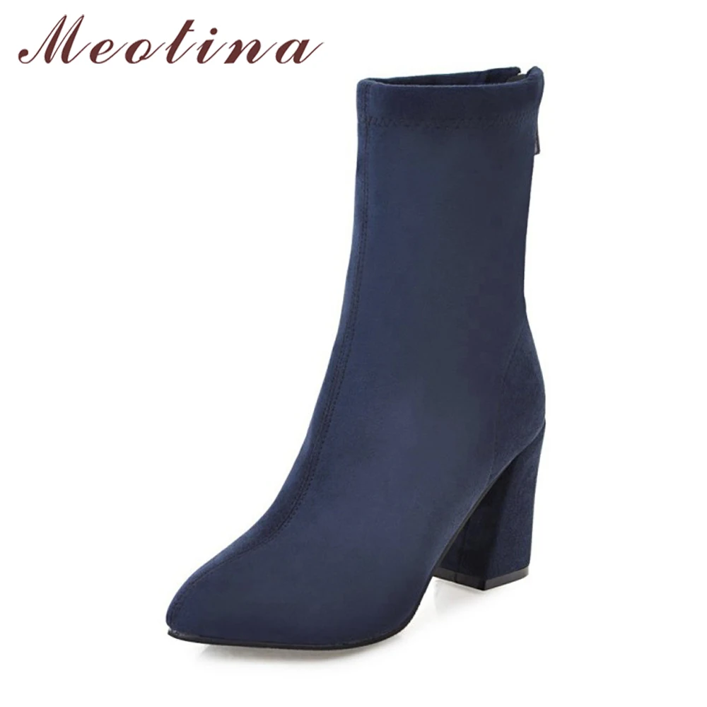 

Meotina Winter Mid Calf Boots Women Boots Zip Luxury Sock Boots Western Boots 2018 Female Black Shoes Blue Red Plus Size 34-43