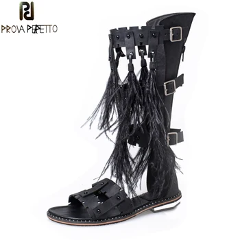 

Prova Perfetto Summer Gladiator Sandals Feather Tassel Solid Long Sandals Boots Women Genuine Leather Rivets Buckle Shoes Flats