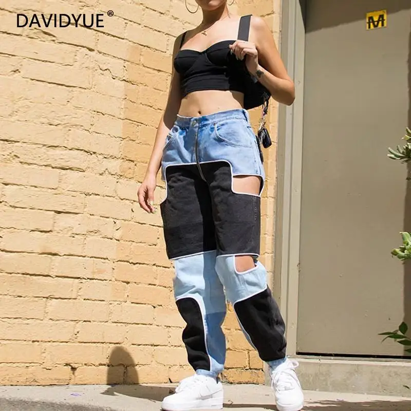Модные женские брюки-карго в стиле пэчворк, свободные штаны с высокой талией, брюки в Корейском стиле в стиле хип-хоп, спортивные штаны 2019