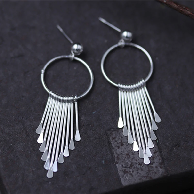 Стерлингового серебра 925 Для женщин серьги-гвоздики большой круг Блестящий длинной кисточкой серьги для Для женщин Модные украшения