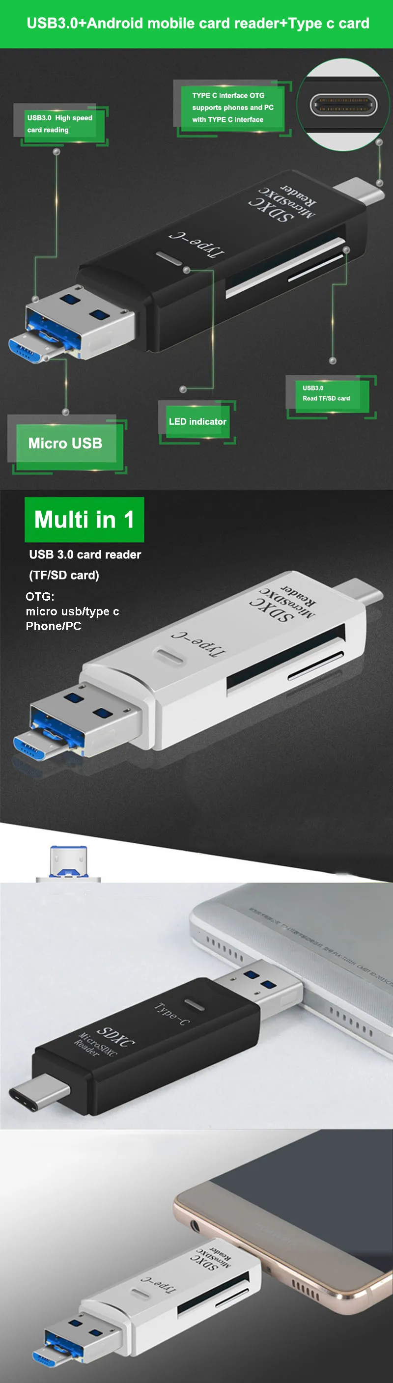 Все в одном type C USB 3,0 Micro USB адаптер SD/Micro SD/TF кард-ридер OTG Andriod PC внешний мульти-карт памяти